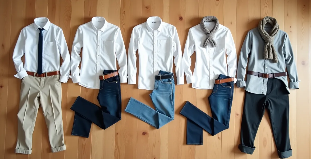 Fünf verschiedene Outfit-Kombinationen mit einem weissen Hemd auf Holzbügeln nebeneinander arrangiert