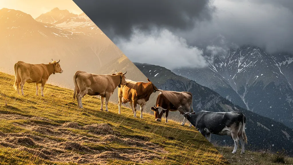 Dramatischer Wetterumschwung über Schweizer Alp mit heranziehenden Schneewolken