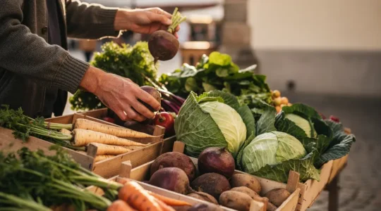 Ein deutscher Wochenmarkt am Morgen: ein Gemüse-Stand im Vordergrund, Kundinnen und Kunden unscharf im Hintergrund, viel freie Fläche für eine Überschrift.