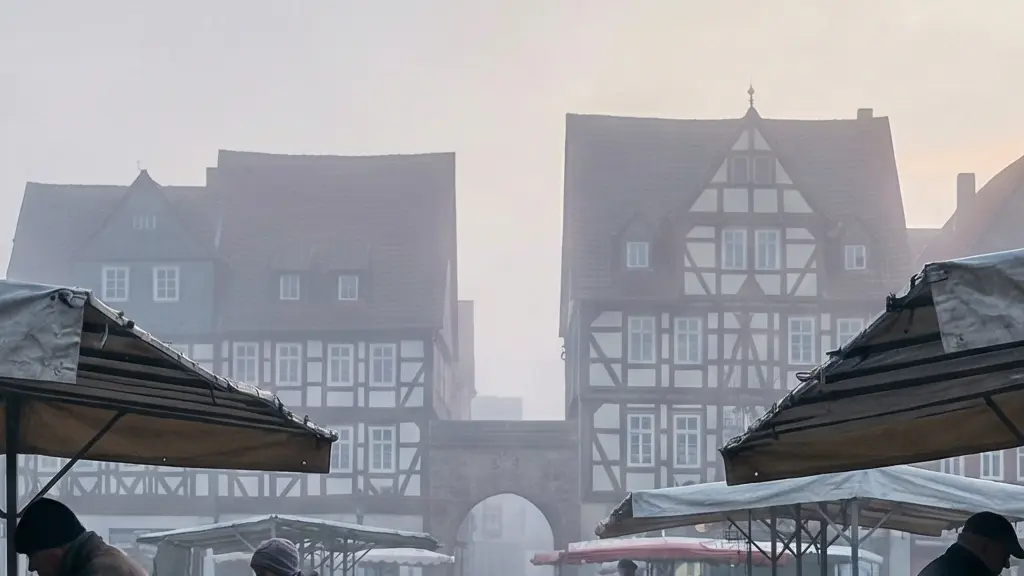 Weiter Blick über einen Wochenmarkt im Morgengrauen mit noch wenig Publikum; Stände werden aufgebaut, viel freier Raum im Bild.