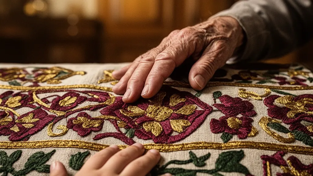 Nahaufnahme gefalteter Hände mit traditioneller Zunft-Stickerei auf einem Ärmelrand, symbolisch für den Vertrauensaufbau bei der Aufnahme in eine Traditionsgemeinschaft.