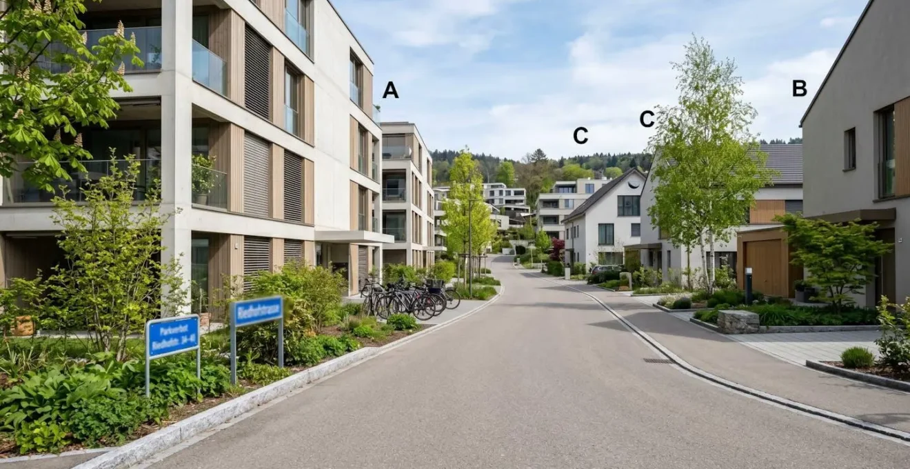 Weitwinkelaufnahme einer zeitgenössischen Wohnstrasse in Zürich mit modernen Mehrfamilienhäusern und Einfamilienhäusern an einem hellen Frühlingstag