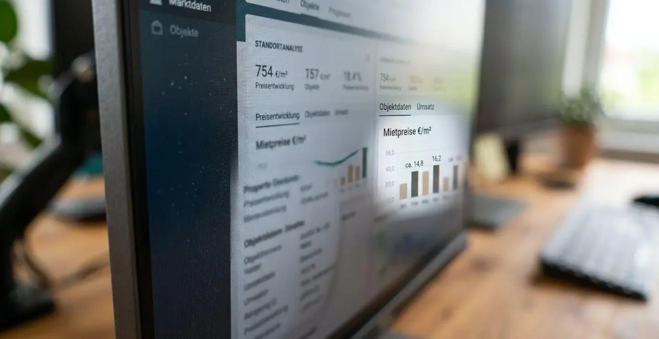 Extreme Nahaufnahme eines Computerbildschirms mit einem Immobilien-Dashboard, auf dem verschwommene Datenvisualisierungen und numerische Werte zu sehen sind