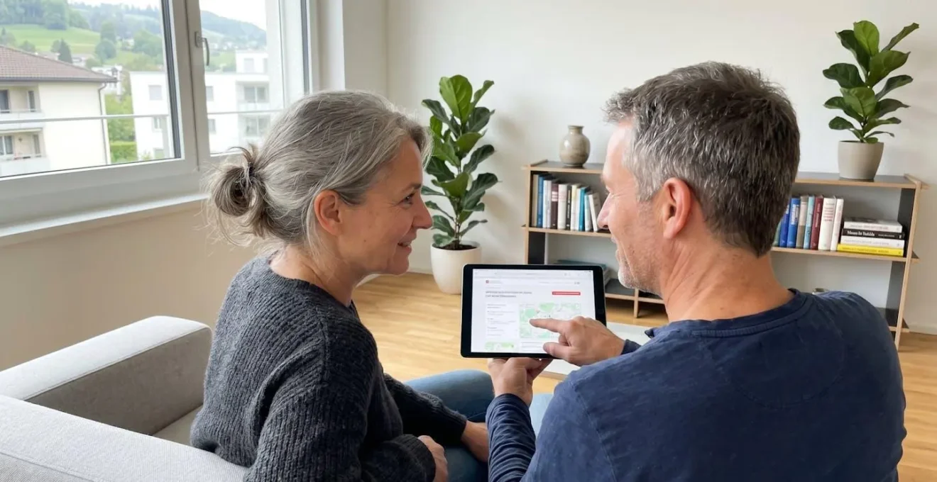 Ein Paar in den Fünfzigern sitzt gemeinsam auf einem Sofa in einem modernen Wohnzimmer in Zürich und blickt konzentriert auf ein Tablet
