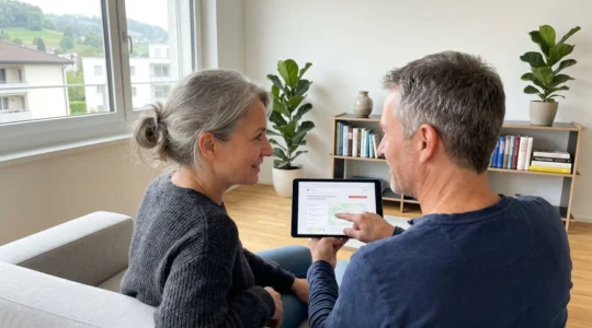 Ein Paar in den Fünfzigern sitzt gemeinsam auf einem Sofa in einem modernen Wohnzimmer in Zürich und blickt konzentriert auf ein Tablet